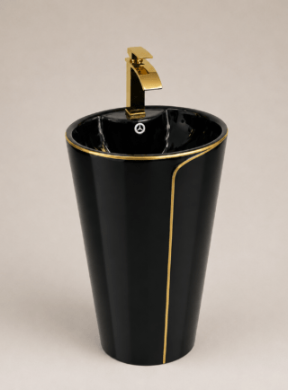 Lavamanos Tipo pedestal de base redonda y borde dorado - Serenity Basin - Super Ceramic Colombia